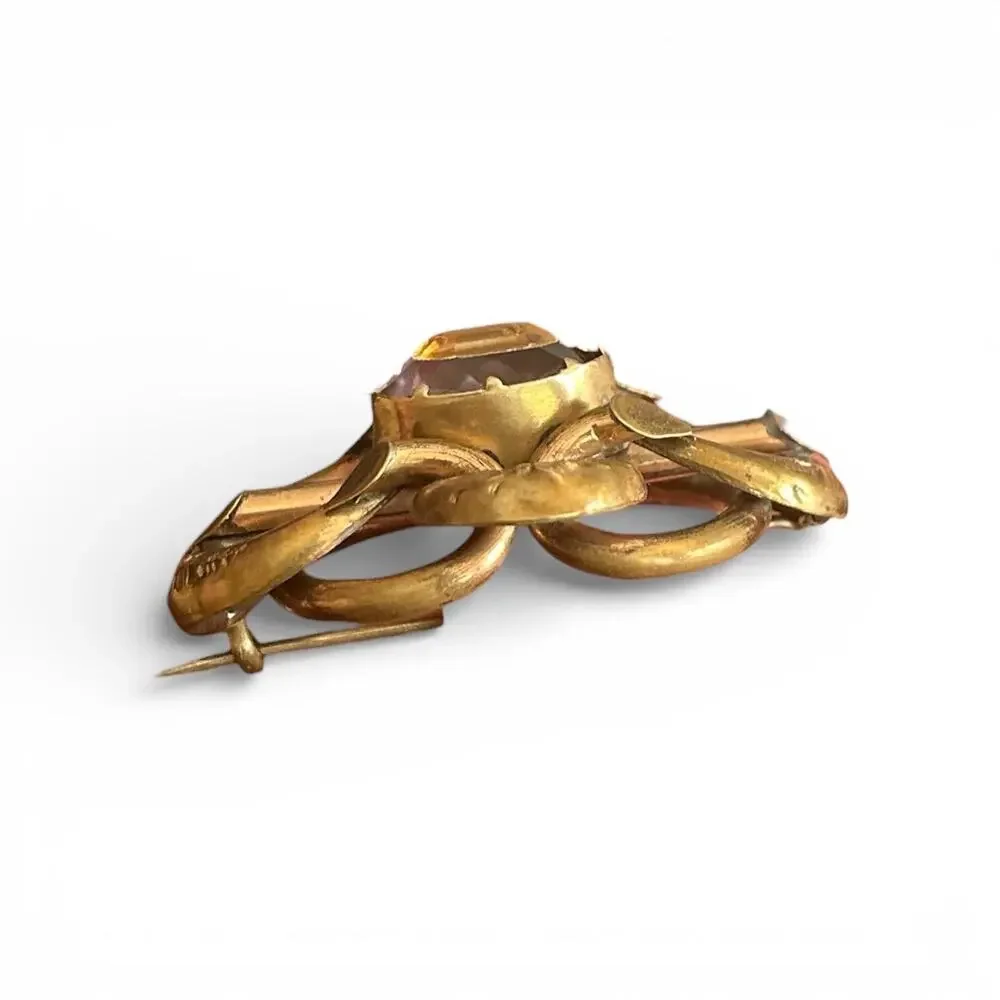Victorian Gold Filled Lover's Knot Brooch, Faceted Paste Glass Center